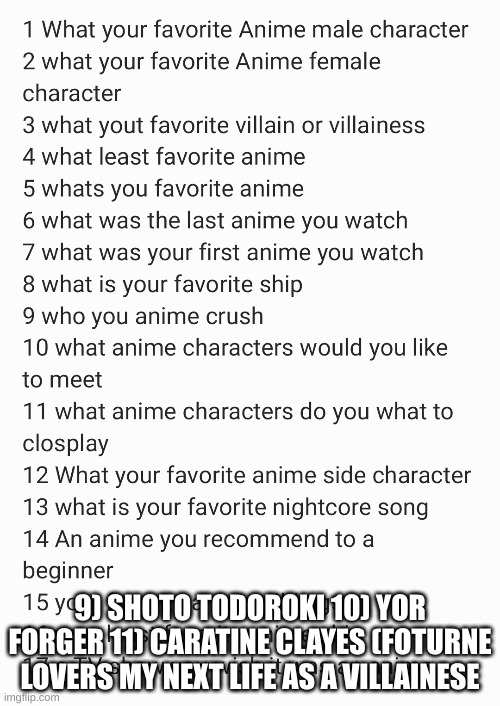 counting down to christmas anime addtion | 9) SHOTO TODOROKI 10) YOR FORGER 11) CARATINE CLAYES (FOTURNE LOVERS MY NEXT LIFE AS A VILLAINESE | image tagged in anime | made w/ Imgflip meme maker