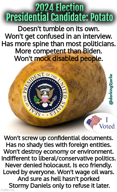 Vote for President Potato of United Stakes of America. In 2024 the stakes are too high. | 2024 Election Presidential Candidate: Potato; Doesn't tumble on its own.
Won't get confused in an interview.
Has more spine than most politicians.
More competent than Biden.
Won't mock disabled people. @darking2jarlie; Won't screw up confidential documents.
Has no shady ties with foreign entities.
Won't destroy economy or environment.
Indifferent to liberal/conservative politics.
Never denied holocaust. Is eco friendly.
Loved by everyone. Won't wage oil wars.
And sure as hell hasn't porked
 Stormy Daniels only to refuse it later. | image tagged in america,usa,trump,biden,politics,political meme | made w/ Imgflip meme maker