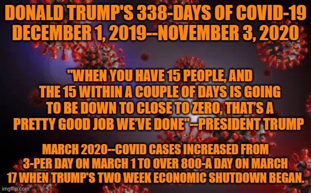 A cycle of "Wishful speaking," and "overpromising positive results," while the pandemic raged, ensued. | DONALD TRUMP'S 338-DAYS OF COVID-19
DECEMBER 1, 2019--NOVEMBER 3, 2020; "WHEN YOU HAVE 15 PEOPLE, AND THE 15 WITHIN A COUPLE OF DAYS IS GOING TO BE DOWN TO CLOSE TO ZERO, THAT’S A PRETTY GOOD JOB WE’VE DONE"--PRESIDENT TRUMP; MARCH 2020--COVID CASES INCREASED FROM 3-PER DAY ON MARCH 1 TO OVER 800-A DAY ON MARCH 17 WHEN TRUMP'S TWO WEEK ECONOMIC SHUTDOWN BEGAN. | image tagged in politics | made w/ Imgflip meme maker