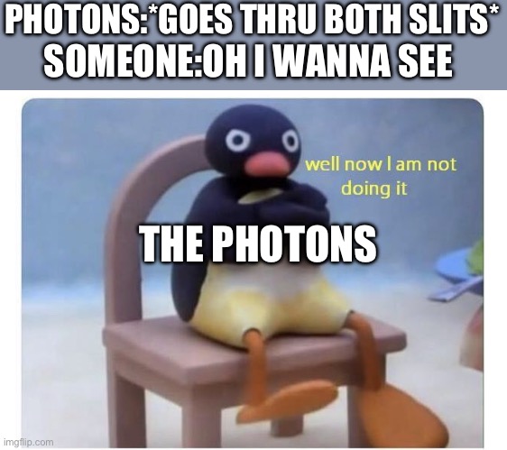 The Double Slit Experiment | PHOTONS:*GOES THRU BOTH SLITS*; SOMEONE:OH I WANNA SEE; THE PHOTONS | image tagged in well now i am not doing it | made w/ Imgflip meme maker