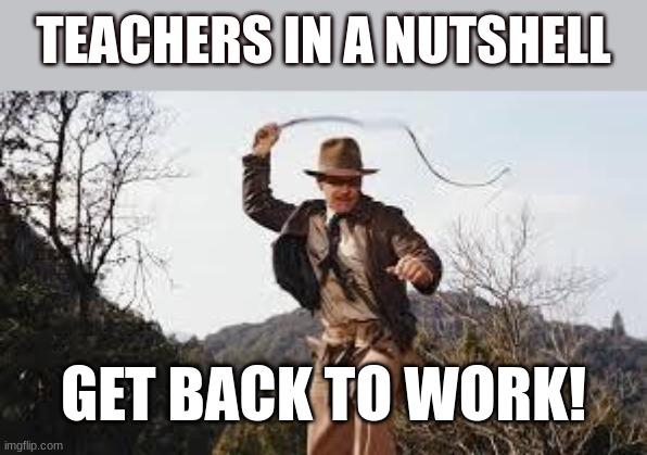Teachers in a Nutshell | TEACHERS IN A NUTSHELL; GET BACK TO WORK! | image tagged in whip,indiana jones,teachers,school,student,fun | made w/ Imgflip meme maker
