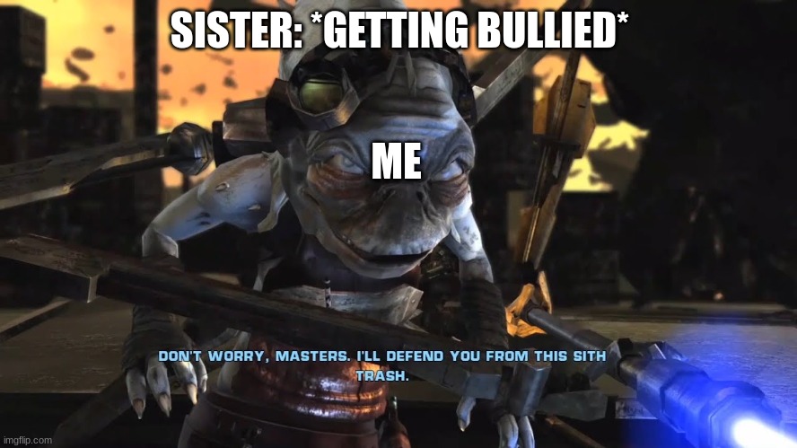 Only I can do That 2 | SISTER: *GETTING BULLIED*; ME | image tagged in i'll defend you | made w/ Imgflip meme maker