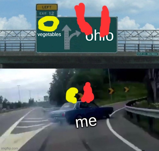 Left Exit 12 Off Ramp | vegetables; ohio; me | image tagged in memes,left exit 12 off ramp | made w/ Imgflip meme maker