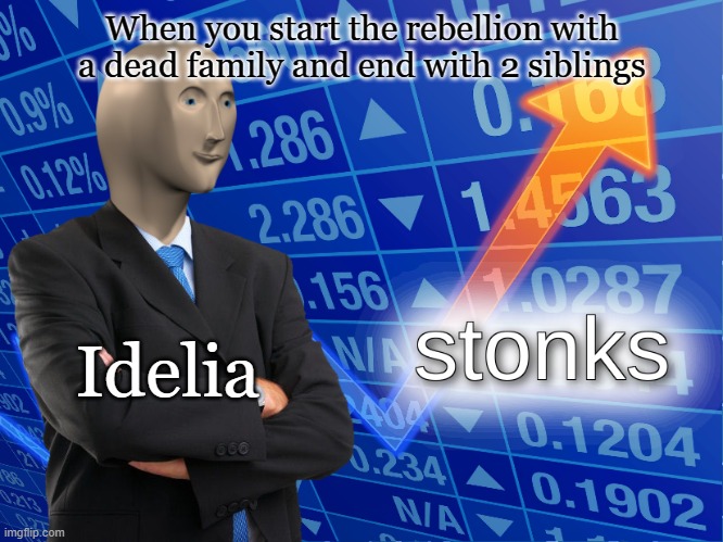 Idelia be vibin' | When you start the rebellion with a dead family and end with 2 siblings; Idelia | image tagged in stonks,ocs | made w/ Imgflip meme maker
