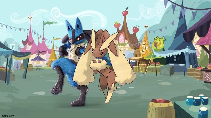 Lucario and Lopunny enjoying a vacation in Ponyville | image tagged in mlp background,pokemon | made w/ Imgflip meme maker