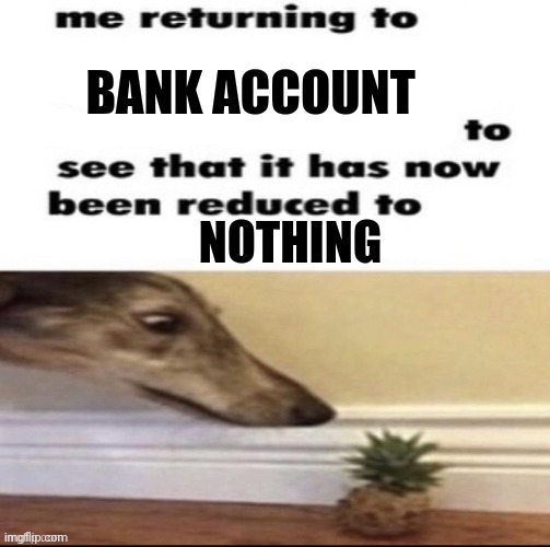 Me returning to to see that it has now been reduced to | BANK ACCOUNT; NOTHING | image tagged in me returning to to see that it has now been reduced to | made w/ Imgflip meme maker
