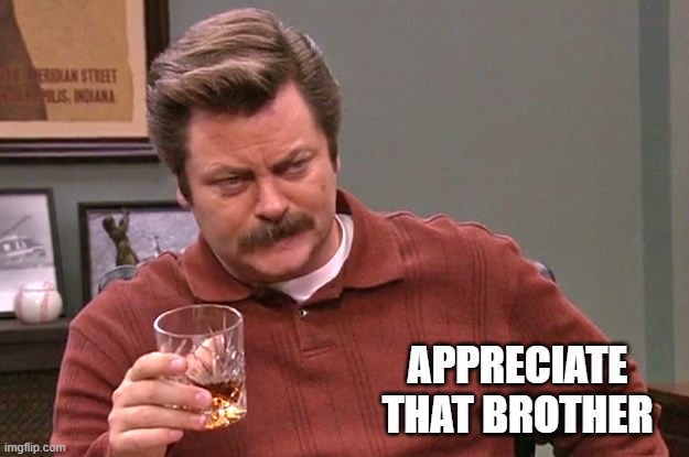 Ron Swanson Please and Thank you | APPRECIATE THAT BROTHER | image tagged in ron swanson please and thank you | made w/ Imgflip meme maker