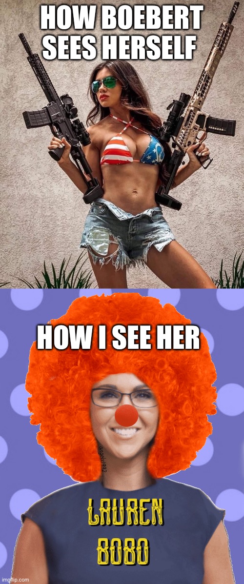 HOW BOEBERT SEES HERSELF; HOW I SEE HER | image tagged in patriotic woman gun rifle ar-15 flag sexy,lauren boebert | made w/ Imgflip meme maker