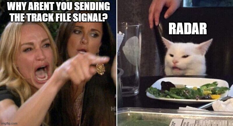 Woman Pointing at Cat | WHY ARENT YOU SENDING THE TRACK FILE SIGNAL? RADAR | image tagged in woman pointing at cat | made w/ Imgflip meme maker