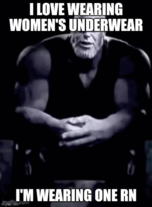 thanos explaining himself | I LOVE WEARING WOMEN'S UNDERWEAR; I'M WEARING ONE RN | image tagged in thanos explaining himself | made w/ Imgflip meme maker