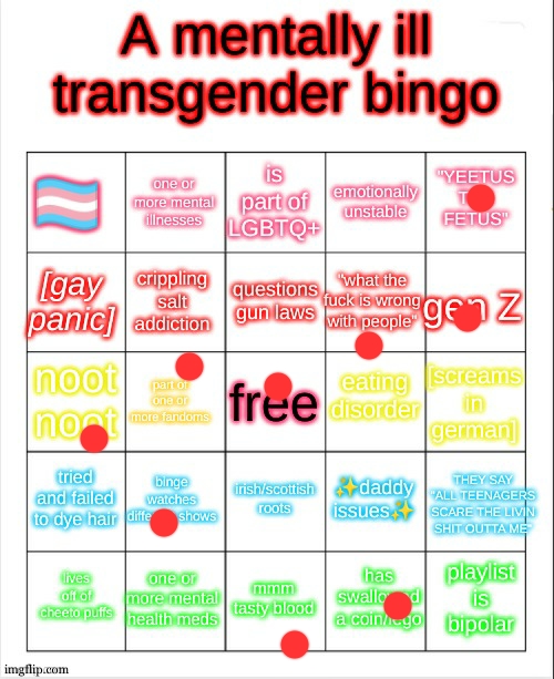 a mentally ill transgender bingo | image tagged in a mentally ill transgender bingo | made w/ Imgflip meme maker