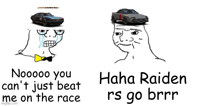 Starbeast vs Raiden rs | Nooooo you can't just beat me on the race; Haha Raiden rs go brrr | image tagged in nooo haha go brrr | made w/ Imgflip meme maker