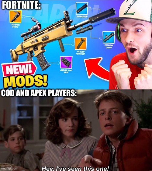 People asking why there is a sniper scope on a shotgun: | FORTNITE:; COD AND APEX PLAYERS: | image tagged in fortnite,apex legends,cod,video games | made w/ Imgflip meme maker
