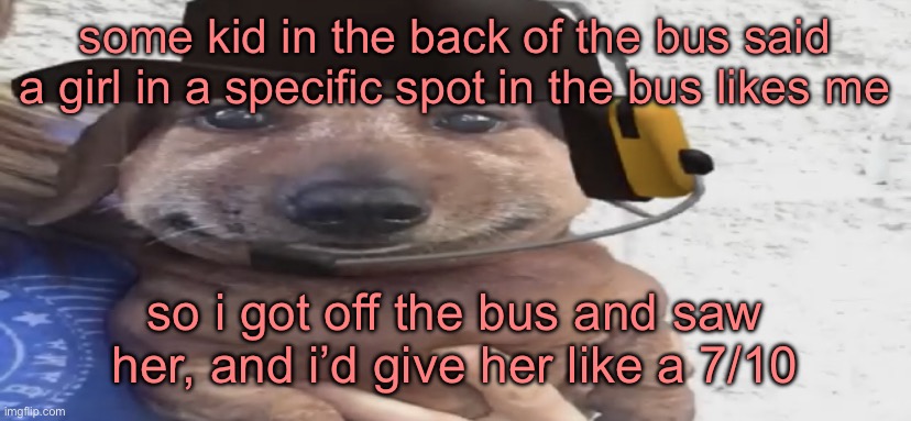 chucklenuts | some kid in the back of the bus said a girl in a specific spot in the bus likes me; so i got off the bus and saw her, and i’d give her like a 7/10 | image tagged in chucklenuts | made w/ Imgflip meme maker