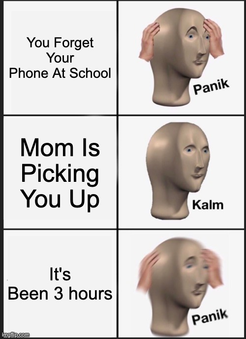 POV | You Forget Your Phone At School; Mom Is Picking You Up; It's Been 3 hours | image tagged in memes,panik kalm panik,mom,late,phone | made w/ Imgflip meme maker