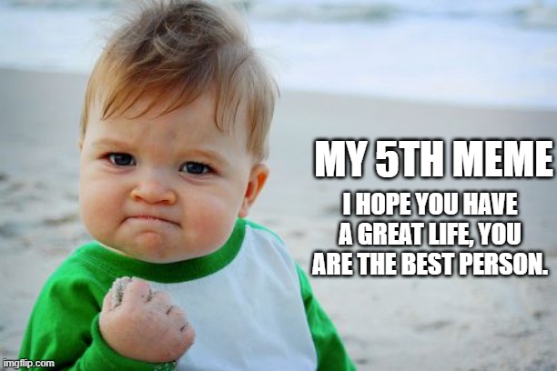 Success Kid Original | MY 5TH MEME; I HOPE YOU HAVE A GREAT LIFE, YOU ARE THE BEST PERSON. | image tagged in memes,success kid original | made w/ Imgflip meme maker