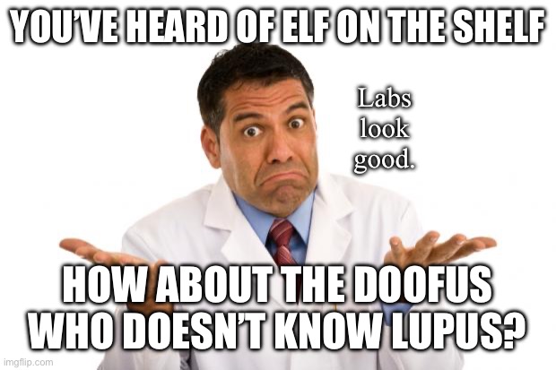 Lupus Doofus Elf Shelf | YOU’VE HEARD OF ELF ON THE SHELF; Labs look good. HOW ABOUT THE DOOFUS WHO DOESN’T KNOW LUPUS? | image tagged in confused doctor,elf on the shelf,idiot,moron,illness | made w/ Imgflip meme maker