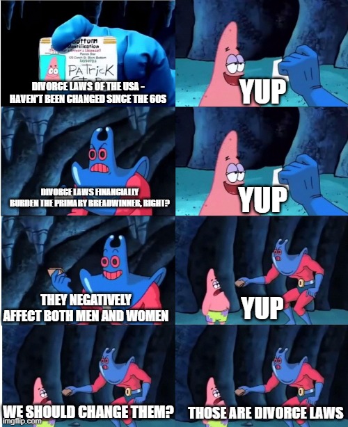 Patrick Star and Man Ray | YUP; DIVORCE LAWS OF THE USA - HAVEN'T BEEN CHANGED SINCE THE 60S; DIVORCE LAWS FINANCIALLY BURDEN THE PRIMARY BREADWINNER, RIGHT? YUP; THEY NEGATIVELY AFFECT BOTH MEN AND WOMEN; YUP; WE SHOULD CHANGE THEM? THOSE ARE DIVORCE LAWS | image tagged in patrick star and man ray | made w/ Imgflip meme maker