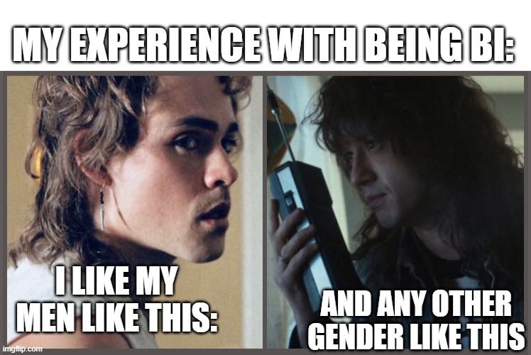 Billy hargrove and eddie munson | MY EXPERIENCE WITH BEING BI:; AND ANY OTHER GENDER LIKE THIS; I LIKE MY MEN LIKE THIS: | image tagged in billy hargrove and eddie munson | made w/ Imgflip meme maker