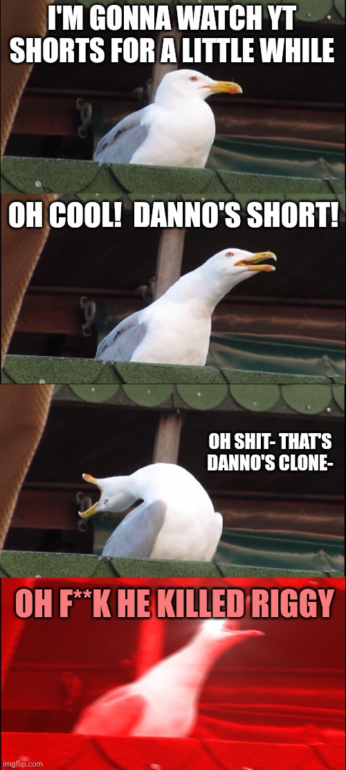 Inhaling Seagull Meme | I'M GONNA WATCH YT SHORTS FOR A LITTLE WHILE; OH COOL!  DANNO'S SHORT! OH SHIT- THAT'S DANNO'S CLONE-; OH F**K HE KILLED RIGGY | image tagged in memes,inhaling seagull | made w/ Imgflip meme maker