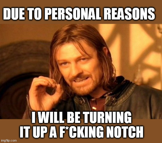 Due to personal reasons I will be turning it up a f*cking notch | DUE TO PERSONAL REASONS; I WILL BE TURNING IT UP A F*CKING NOTCH | image tagged in memes,one does not simply,funny,personal reasons,up a notch | made w/ Imgflip meme maker