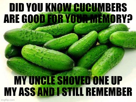 Cucumbers | DID YOU KNOW CUCUMBERS ARE GOOD FOR YOUR MEMORY? MY UNCLE SHOVED ONE UP MY ASS AND I STILL REMEMBER | image tagged in cucumbers | made w/ Imgflip meme maker