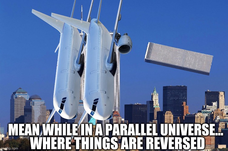 Twin Towers (Respects Payed) | MEAN WHILE IN A PARALLEL UNIVERSE…; WHERE THINGS ARE REVERSED | image tagged in twin towers respects payed | made w/ Imgflip meme maker