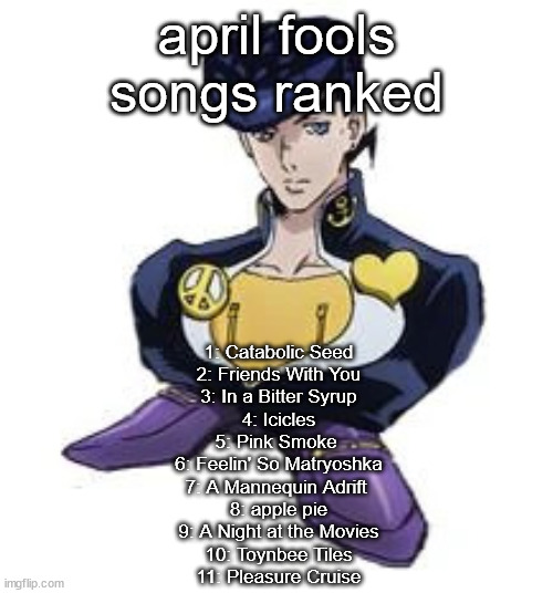 literally go listen to april fools by the scary jokes omgg | april fools songs ranked; 1: Catabolic Seed
2: Friends With You
3: In a Bitter Syrup
4: Icicles
5: Pink Smoke 
6: Feelin' So Matryoshka
7: A Mannequin Adrift 
8: apple pie
9: A Night at the Movies
10: Toynbee Tiles
11: Pleasure Cruise | image tagged in shoesuke | made w/ Imgflip meme maker