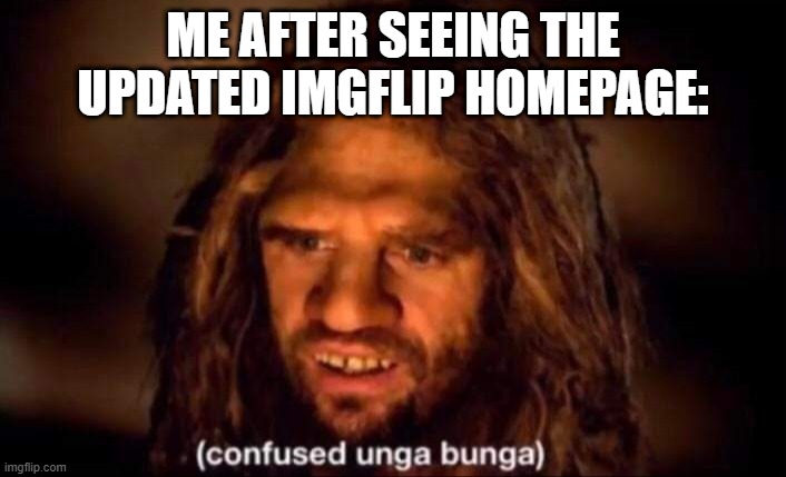 it looks like a more organized version of the home screen when there's no internet | ME AFTER SEEING THE UPDATED IMGFLIP HOMEPAGE: | image tagged in confused unga bunga,memes,funny | made w/ Imgflip meme maker
