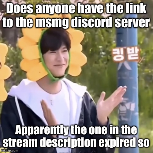 :) | Does anyone have the link to the msmg discord server; Apparently the one in the stream description expired so | made w/ Imgflip meme maker