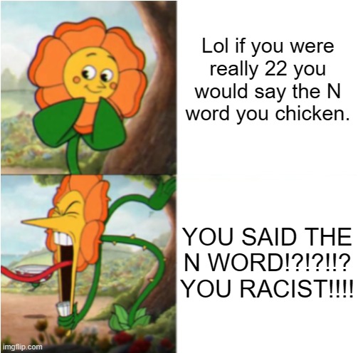 reverse cuphead flower | Lol if you were
really 22 you
would say the N
word you chicken. YOU SAID THE
N WORD!?!?!!?
YOU RACIST!!!! | image tagged in reverse cuphead flower | made w/ Imgflip meme maker