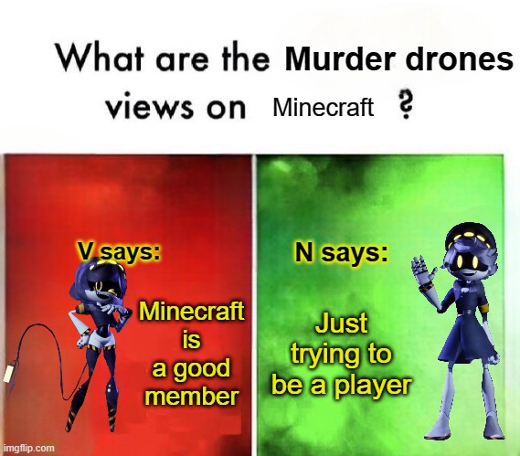 Minecraft is a good player or member | Minecraft; Minecraft is a good member; Just trying to be a player | image tagged in what are the murder drones views on,memes,funny | made w/ Imgflip meme maker