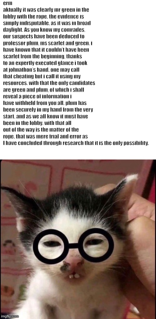 ERM!! ACTUALLY | erm aktually it was clearly mr green in the lobby with the rope. the evidence is simply indisputable, as it was in broad daylight. As you know my comrades, our suspects have been deduced to professor plum, ms scarlet and green. i have known that it couldn’t have been scarlet from the beginning, thanks to an expertly executed glance i took at johnathon’s hand. one may call that cheating but i call it using my resources. with that the only candidates are green and plum, of which i shall reveal a piece of information i have withheld from you all. plum has been securely in my hand from the very start. and as we all know it must have been in the lobby. with that all out of the way is the matter of the rope. that was mere trial and error as I have concluded through research that it is the only possibility. | made w/ Imgflip meme maker