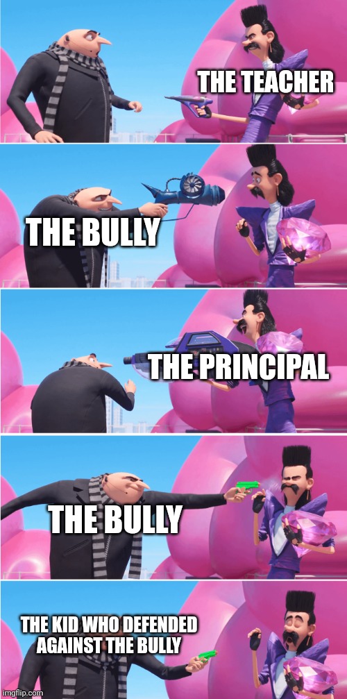 Gru vs Evil Bratt | THE TEACHER; THE BULLY; THE PRINCIPAL; THE BULLY; THE KID WHO DEFENDED AGAINST THE BULLY | image tagged in gru vs evil bratt,memes,bully,so true,school | made w/ Imgflip meme maker