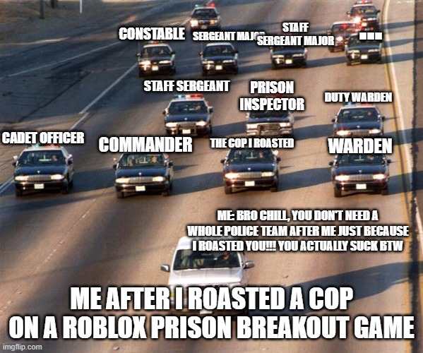 ME AFTER ROASTING A COP ON A ROBLOX PRISON BREAKOUT GAME | ... STAFF SERGEANT MAJOR; CONSTABLE; SERGEANT MAJOR; STAFF SERGEANT; PRISON INSPECTOR; DUTY WARDEN; CADET OFFICER; WARDEN; THE COP I ROASTED; COMMANDER; ME: BRO CHILL, YOU DON'T NEED A WHOLE POLICE TEAM AFTER ME JUST BECAUSE I ROASTED YOU!!! YOU ACTUALLY SUCK BTW; ME AFTER I ROASTED A COP ON A ROBLOX PRISON BREAKOUT GAME | image tagged in oj simpson police chase,police,cop,cops,police car | made w/ Imgflip meme maker
