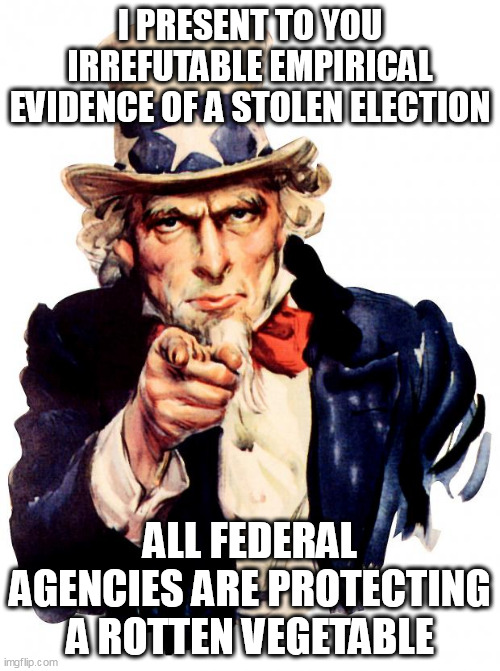ZOMBIE POTUS ALERT | I PRESENT TO YOU IRREFUTABLE EMPIRICAL EVIDENCE OF A STOLEN ELECTION; ALL FEDERAL AGENCIES ARE PROTECTING A ROTTEN VEGETABLE | image tagged in memes,uncle sam | made w/ Imgflip meme maker