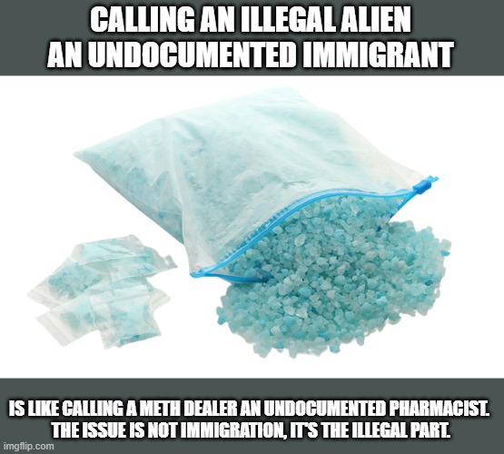 Meth | CALLING AN ILLEGAL ALIEN AN UNDOCUMENTED IMMIGRANT; IS LIKE CALLING A METH DEALER AN UNDOCUMENTED PHARMACIST.
 THE ISSUE IS NOT IMMIGRATION, IT'S THE ILLEGAL PART. | image tagged in meth,democrats,illegal immigration,illegal aliens | made w/ Imgflip meme maker