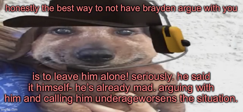 just stop harassing him tbh | honestly the best way to not have brayden argue with you; is to leave him alone! seriously. he said it himself- he’s already mad. arguing with him and calling him underageworsens the situation. | image tagged in chucklenuts | made w/ Imgflip meme maker
