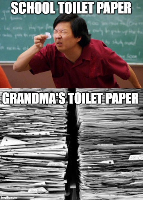 mwahahahaha | SCHOOL TOILET PAPER; GRANDMA'S TOILET PAPER | image tagged in tiny piece of paper,stack of paper | made w/ Imgflip meme maker