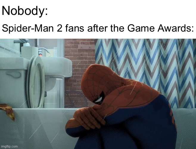 Yuri got ROBBED | Nobody:; Spider-Man 2 fans after the Game Awards: | image tagged in spider-man crying in the shower,game awards,spiderman,spiderman 2,baldursgate,spiderverse | made w/ Imgflip meme maker