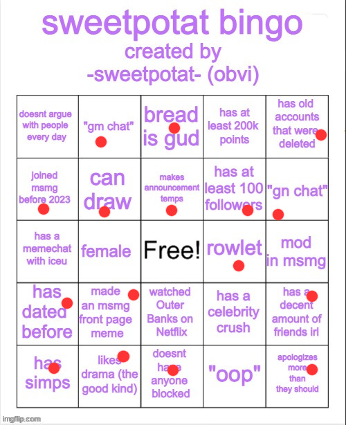 sweetpotat bingo! | image tagged in sweetpotat bingo | made w/ Imgflip meme maker