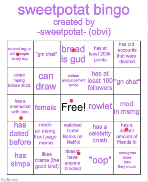 sweetpotat bingo! | image tagged in sweetpotat bingo | made w/ Imgflip meme maker
