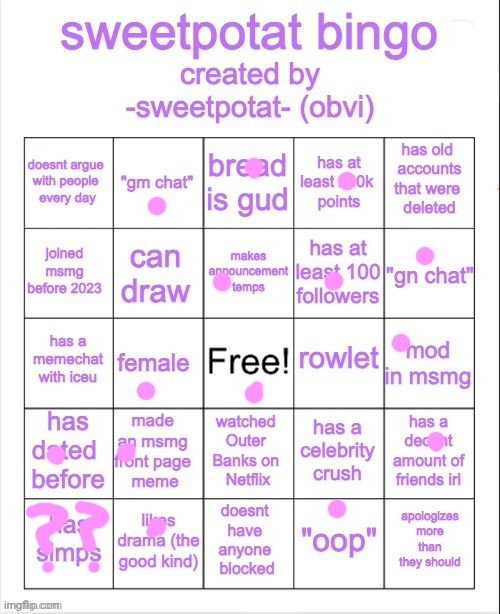 sweetpotat bingo! | image tagged in sweetpotat bingo | made w/ Imgflip meme maker