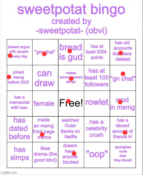 sweetpotat bingo! | image tagged in sweetpotat bingo | made w/ Imgflip meme maker