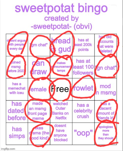 sweetpotat bingo! | image tagged in sweetpotat bingo | made w/ Imgflip meme maker