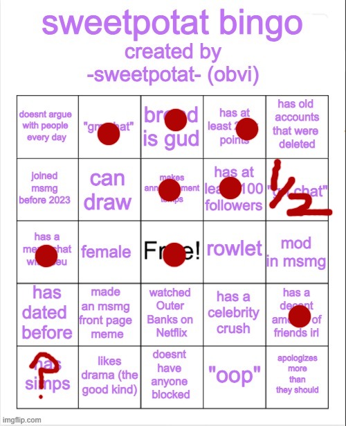 i did this bingo B4 but my "inner self" changed | image tagged in sweetpotat bingo | made w/ Imgflip meme maker