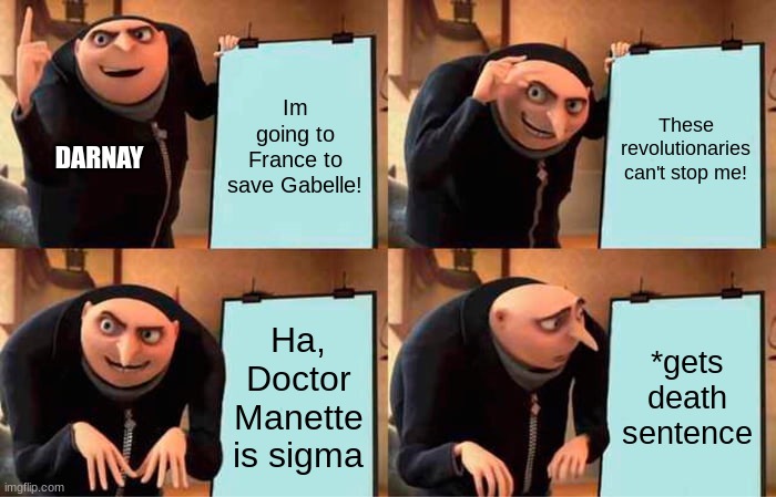 Gru's Plan | Im going to France to save Gabelle! These revolutionaries can't stop me! DARNAY; Ha, Doctor Manette is sigma; *gets death sentence | image tagged in memes,gru's plan | made w/ Imgflip meme maker