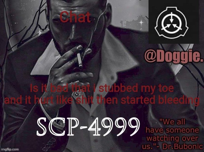 Doggies Announcement temp (SCP) | Chat; Is it bad that i stubbed my toe and it hurt like shit then started bleeding | image tagged in doggies announcement temp scp | made w/ Imgflip meme maker