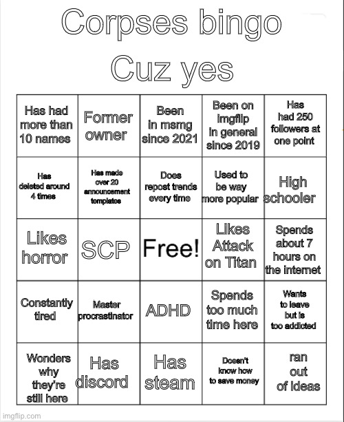 Corpses shitty bingo Blank Meme Template