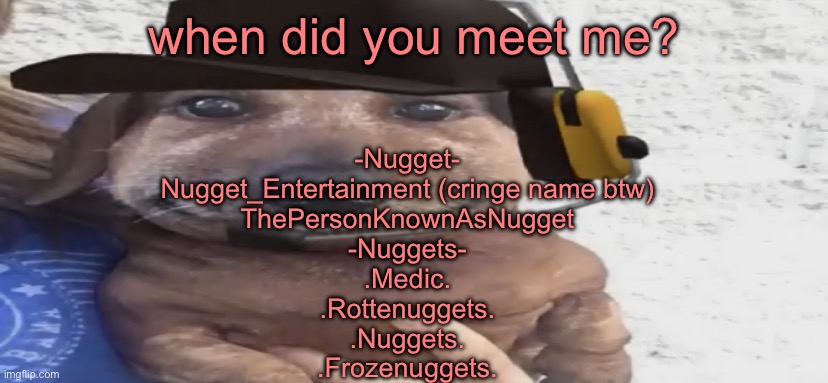 only 8 names? (btw yes i did a miscalculation on the corpse bingo) | when did you meet me? -Nugget-
Nugget_Entertainment (cringe name btw)
ThePersonKnownAsNugget
-Nuggets-
.Medic.
.Rottenuggets.
.Nuggets.
.Frozenuggets. | image tagged in chucklenuts | made w/ Imgflip meme maker